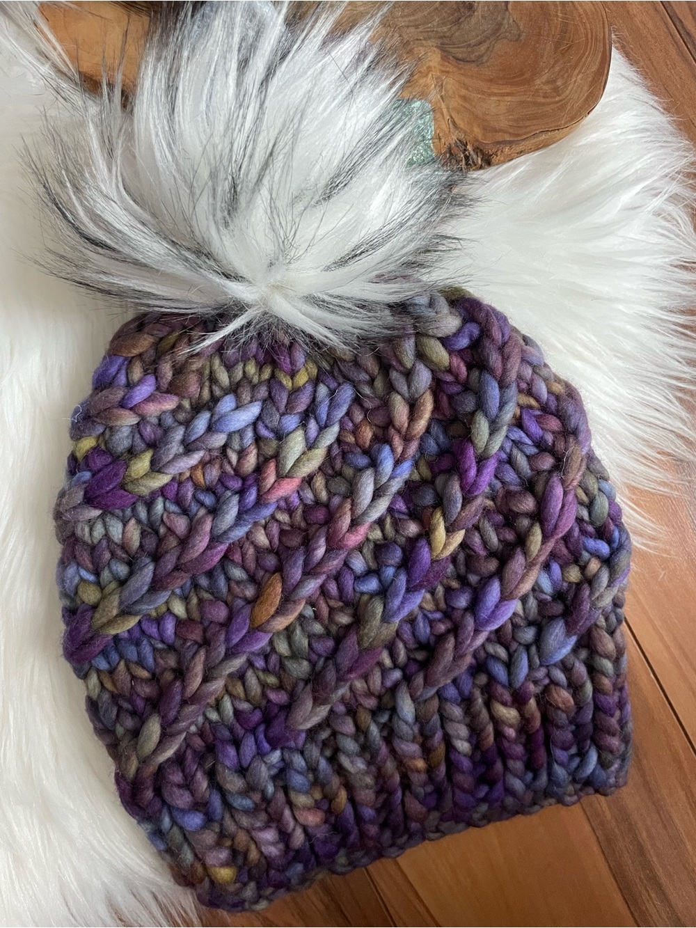 Handmade Chunky Knit women’s size S/M Luxury Pom Beanie - Purple Multicolor